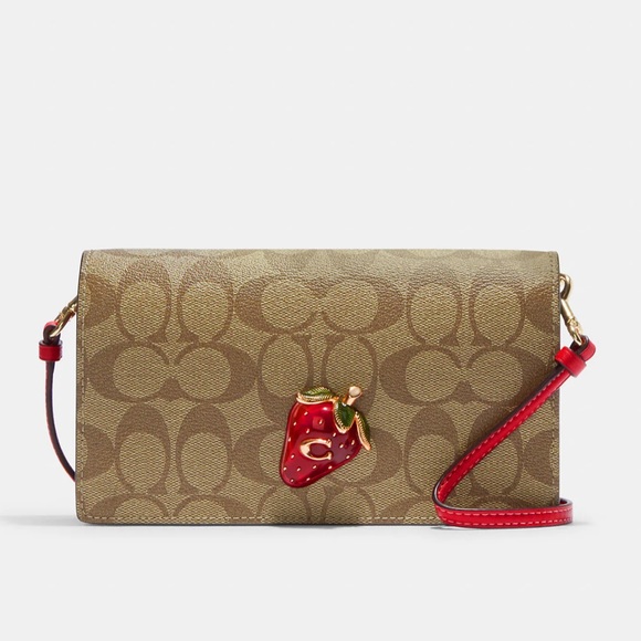 Coach Anna Foldover Clutch Crossbody in Signature Canvas with Strawberry - Picture 1 of 4